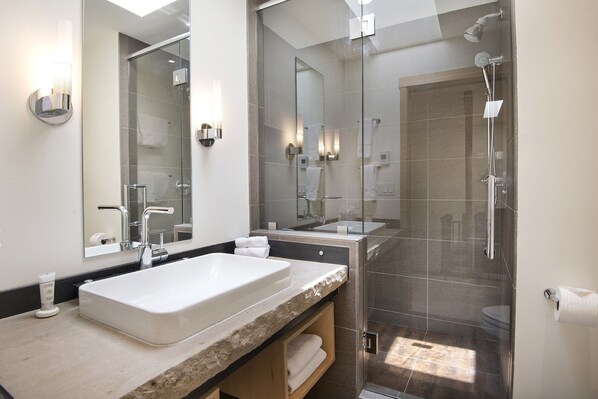 A modern bathroom with a large sink, two mirrors, a glass shower enclosure, and a toilet.