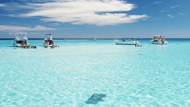 A clear turquoise sea with boats and a stingray visible.