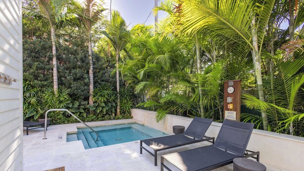 Un espace aménagé au bord de la piscine, avec des chaises longues, une piscine et une végétation luxuriante.