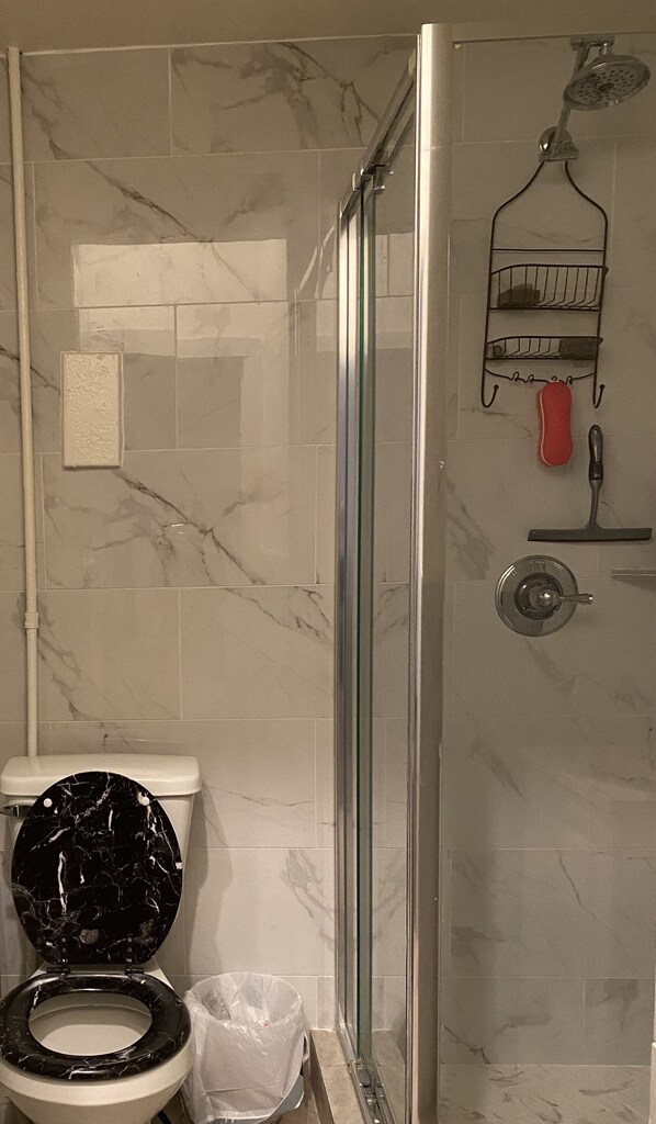 Een badkamer met toilet, douche en handdoekhouder.