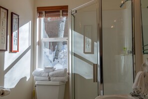 Combined shower/bathtub, jetted bath, hair dryer, towels