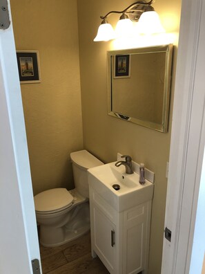 Combined shower/bathtub, hair dryer, soap, toilet paper