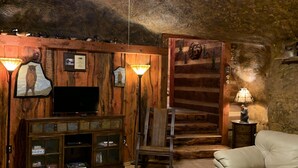 A rustic interior with a ceiling fan, wooden walls, a television, a cushioned armchair, and a patterned rug.