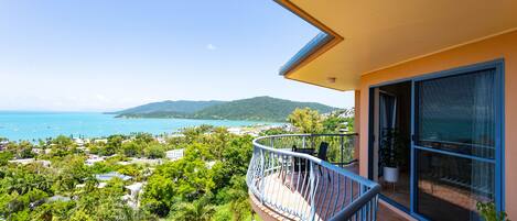 A balcony with a view of the sea and greenery.