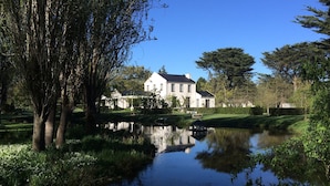 A large white house with a pond in front, surrounded by trees and greenery.
