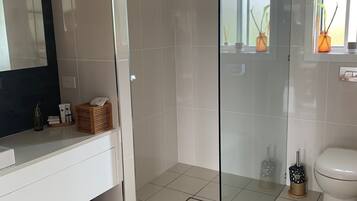 Ducha, secador de pelo, toallas, jabón
