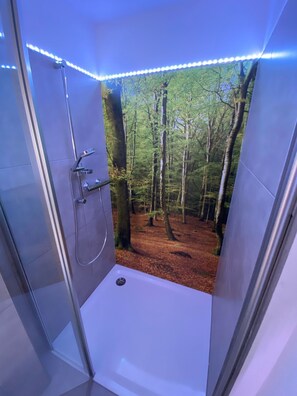 Dusche, Haartrockner, Handtücher, Seife