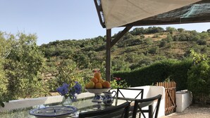 Een tafel met glazen blad en stoelen, een schaal fruit en een bloevas op een balkon met uitzicht op een glooiend landschap.