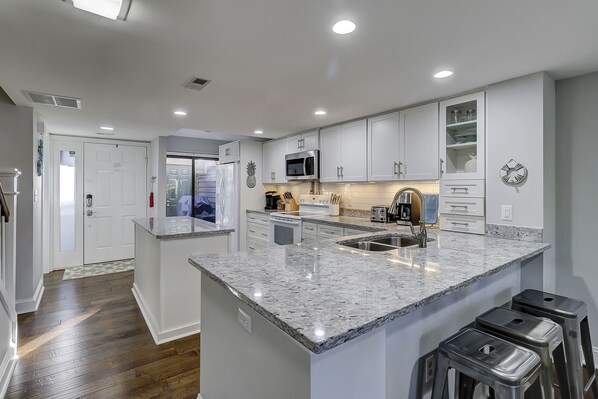 Fridge, microwave, dishwasher, coffee/tea maker