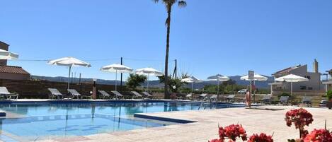 Una piscina con sillas de descanso y sombrillas, rodeada de macetas con plantas y un cielo despejado.