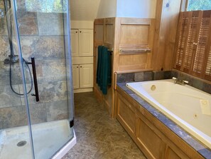 Combined shower/tub, jetted tub, hair dryer, towels