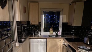 Eine kleine Küche mit Holdekor, einem Geschirrspüler, einer Waschmaschine und einem Fenster mit Lichterkette.
