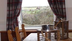 Ein Essbereich mit Holztisch und -stühlen, einem Fenster mit karierten Vorhängen und Blick auf weidende Pferde.