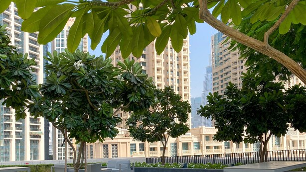An outdoor seating area with modern furniture, surrounded by greenery and buildings in the background. - HiGuests - Boulevard Crescent Tower 2 (Dubai)