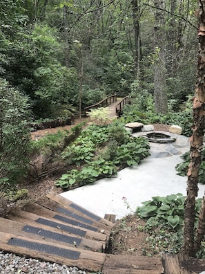 Walk along the serene forest pathway to a wooden bridge surrounded by lush greenery and a variety of plants.