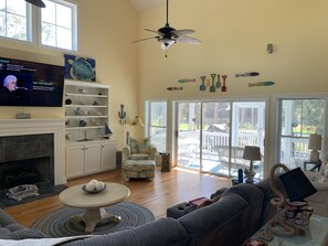 Una Smart TV, una chimenea, un reproductor de DVD, libros