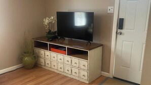 Una stanza con televisore su un mobile in legno, una porta con serratura elettronica e una piccola pianta.