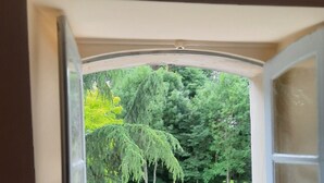 Una habitación con ventana que da a un jardín.