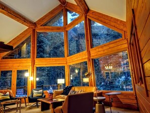 Smart TV, fireplace, books, stereo
