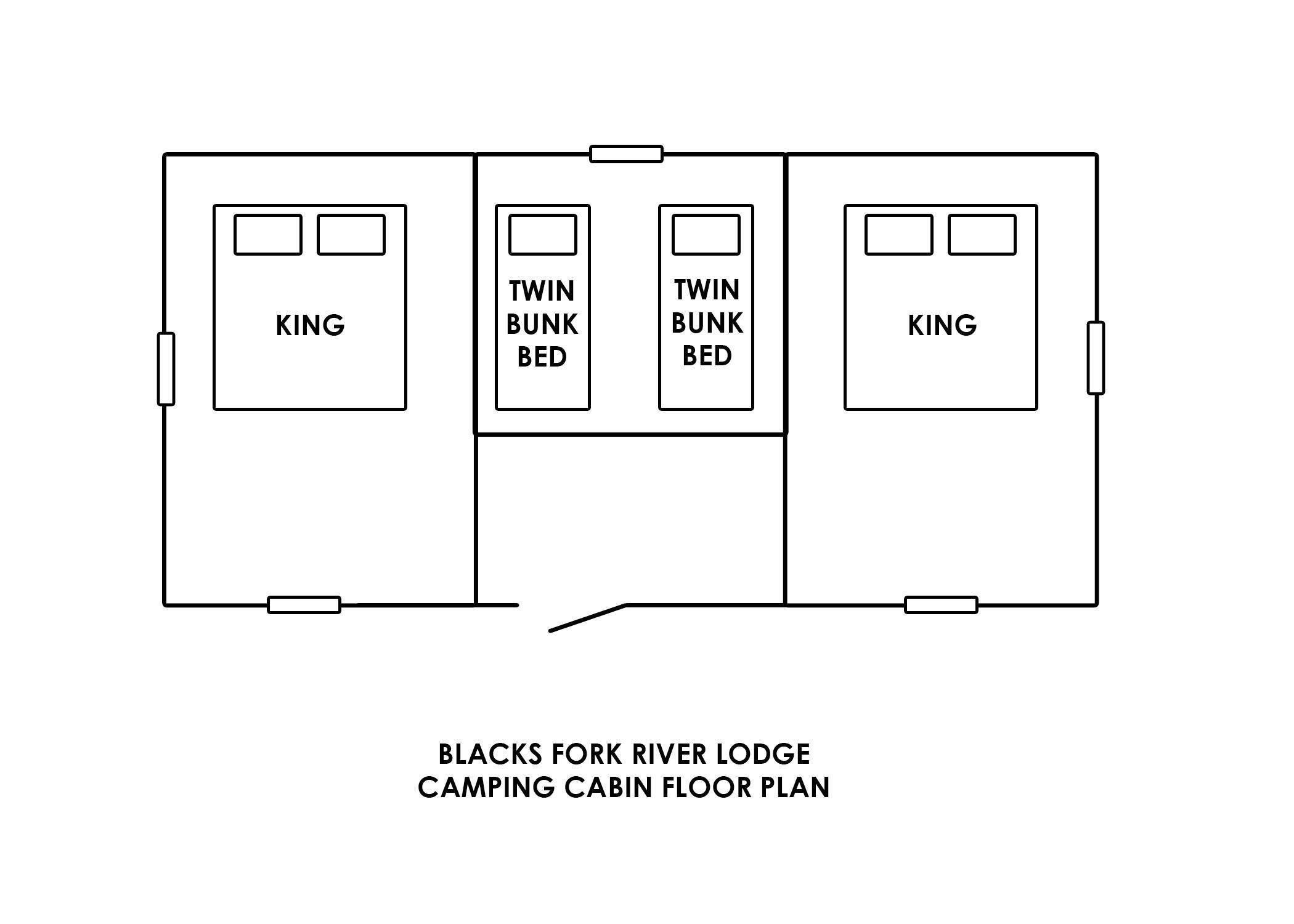 A floor plan of a camping cabin with two king-sized beds and two twin bunk beds.