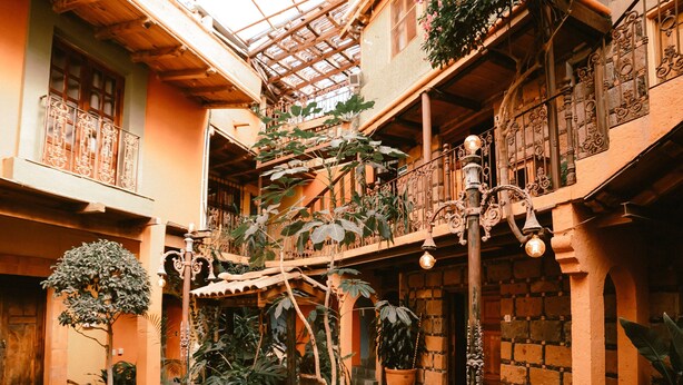 Une cour avec un sol en pierre, des plantes en pot et une pergola en bois.