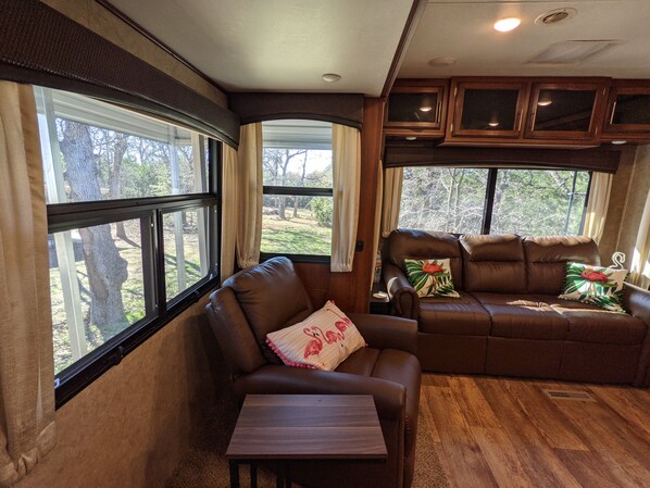 TV, DVD player, video library, stereo