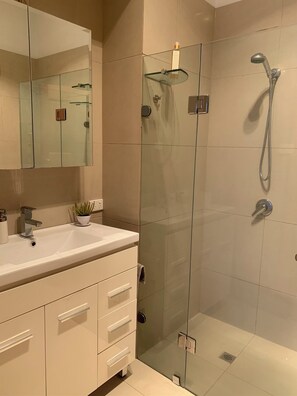 Shower, hair dryer, towels, soap