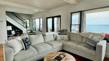 TV connectée, cheminée, livres