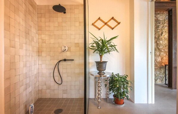A shower area with a tiled wall, a handheld showerhead, and a potted plant. - 3 bedroom awesome home in Filignano (Filignano)