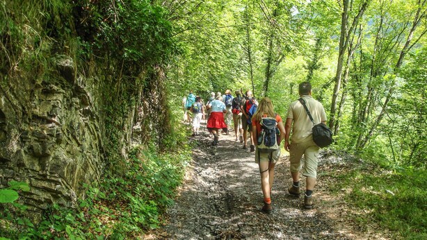 A group of hikers on a rocky trail surrounded by dense green foliage. - 3 bedroom awesome home in Filignano (Filignano)