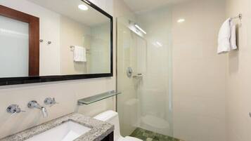 Hair dryer, towels, soap, shampoo