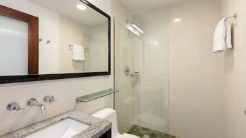 Hair dryer, bidet, towels, soap