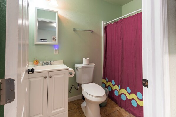 A bathroom with a toilet, sink, and a shower curtain.