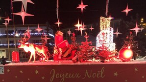 Decoração festiva com um veado, um trenó e uma árvore de Natal, além de estrelas iluminadas e uma placa com a inscrição "Joyeux Noël".