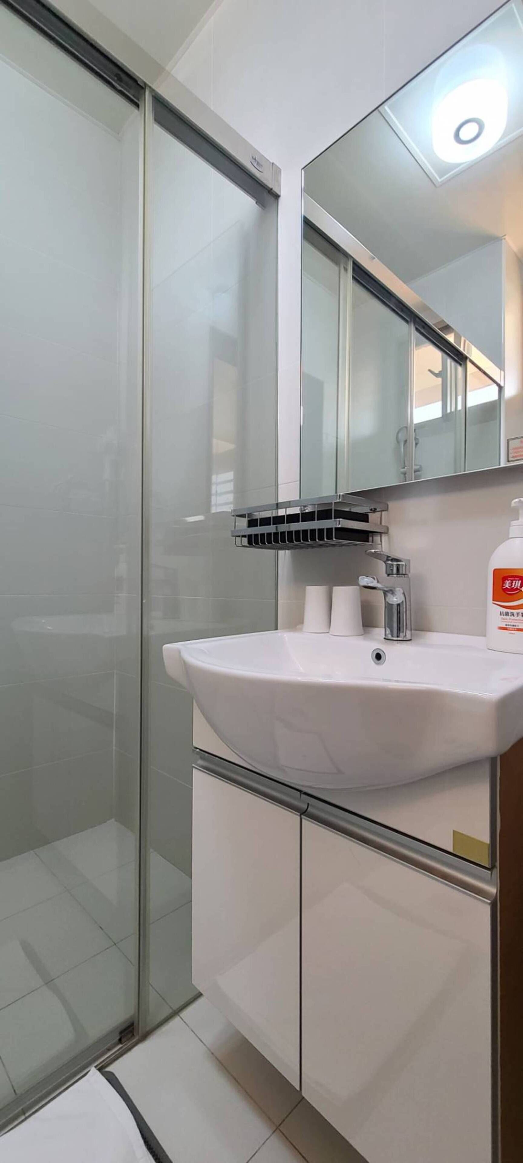 Une salle de bain moderne avec une douche à l’italienne en verre, un lavabo blanc avec un miroir au-dessus et un flacon de savon liquide posé sur le comptoir.