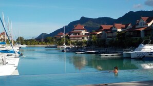 A marina with boats docked, a person swimming, and houses with red roofs in the background.