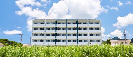 A multi-story building with a flat roof and a symmetrical facade, surrounded by a field of tall grass.
