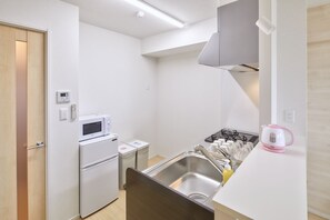 Fridge, microwave, stovetop, electric kettle