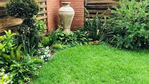 A well-maintained garden with a variety of plants and a large vase. - The blyde 3 bedroom crystal Lagoon beach  (Pretoria)