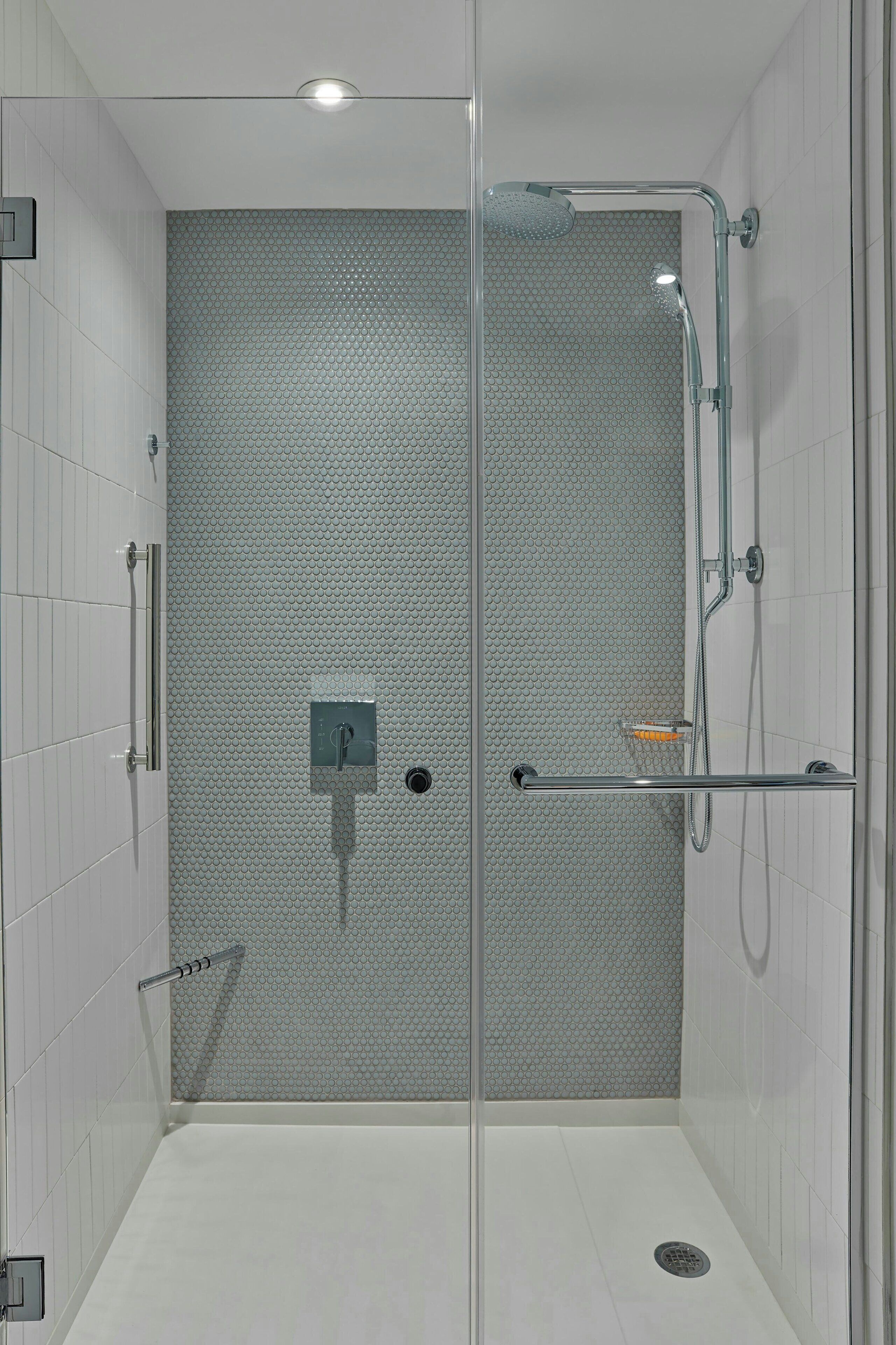 A modern shower with a glass door, a handheld showerhead, and a handheld shower attachment.