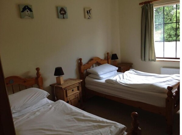 A bedroom with two wooden beds, a nightstand with a lamp, and a window with curtains. - Comeragh View Lodge (Kilmacthomas)