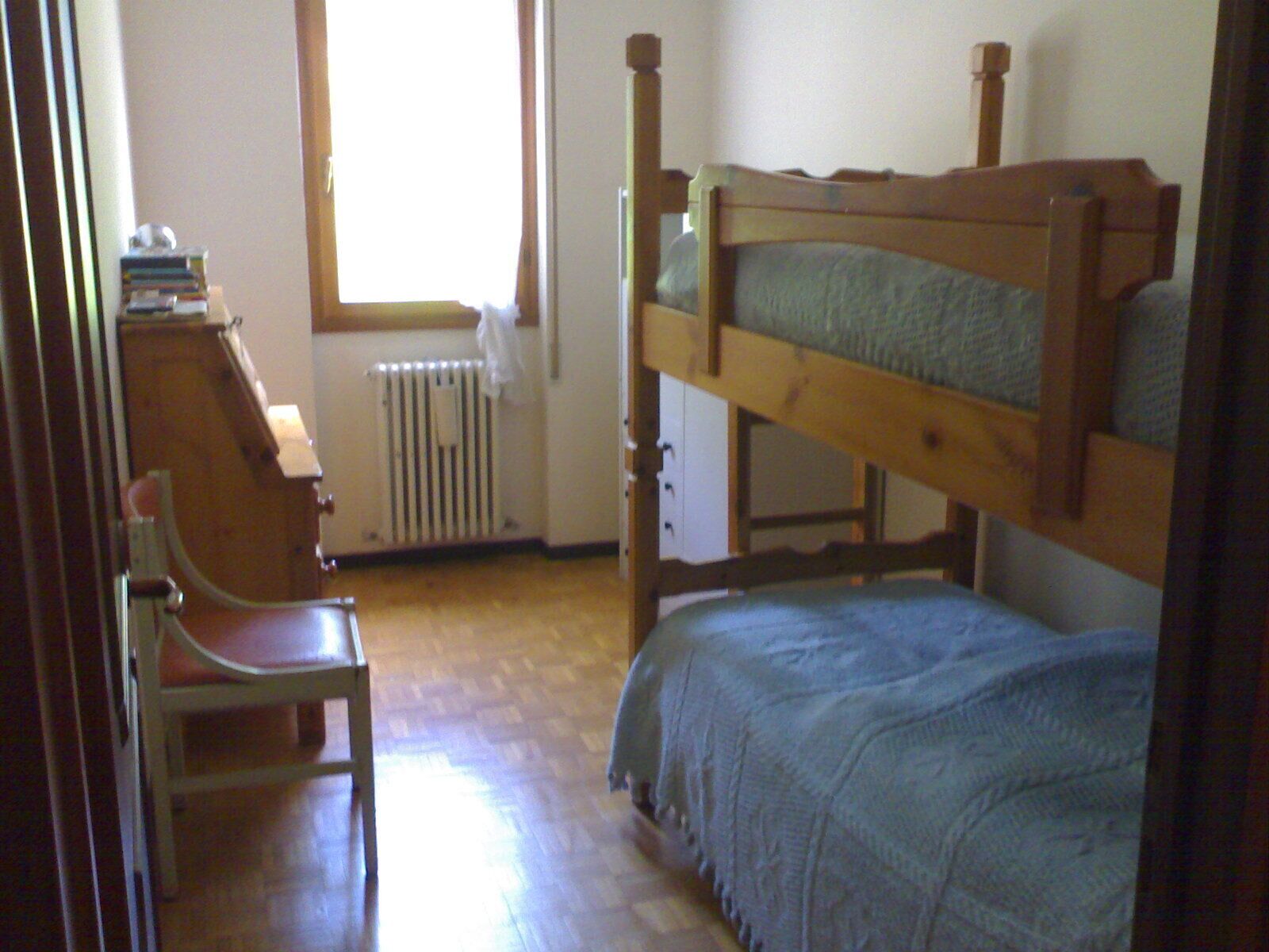 Una habitación con una cama literera, un escritorio con libros, una silla y un radiador.