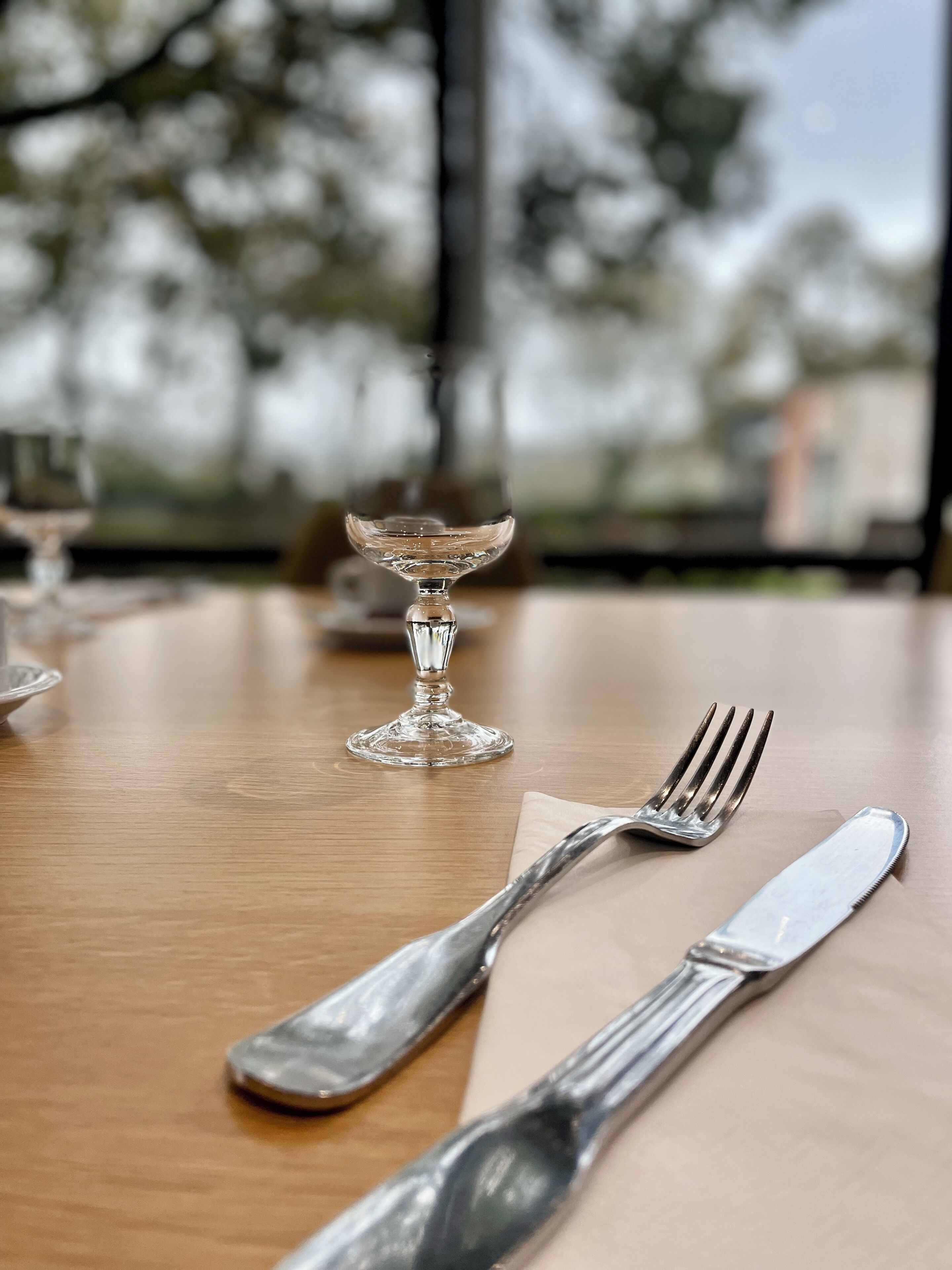 Una mesa de comedor con una copa de cristal transparente, un tenedor y un cuchillo.