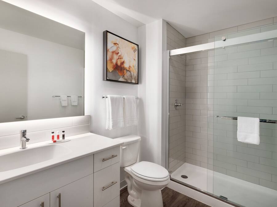 A modern bathroom with a white sink, a toilet, a glass shower enclosure, and a framed artwork on the wall.