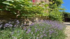Un bâtiment en pierre avec une porte rouge, entouré d’un jardin où poussent des fleurs violettes et des plantes à feuillage vert.