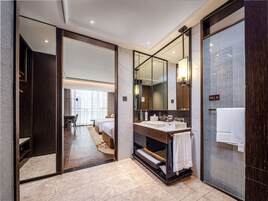 Hair dryer, slippers, towels, shampoo