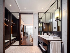 Hair dryer, slippers, towels, shampoo