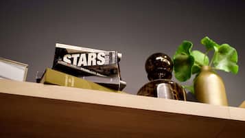 A wooden shelf with books, a decorative bottle, and a green plant.