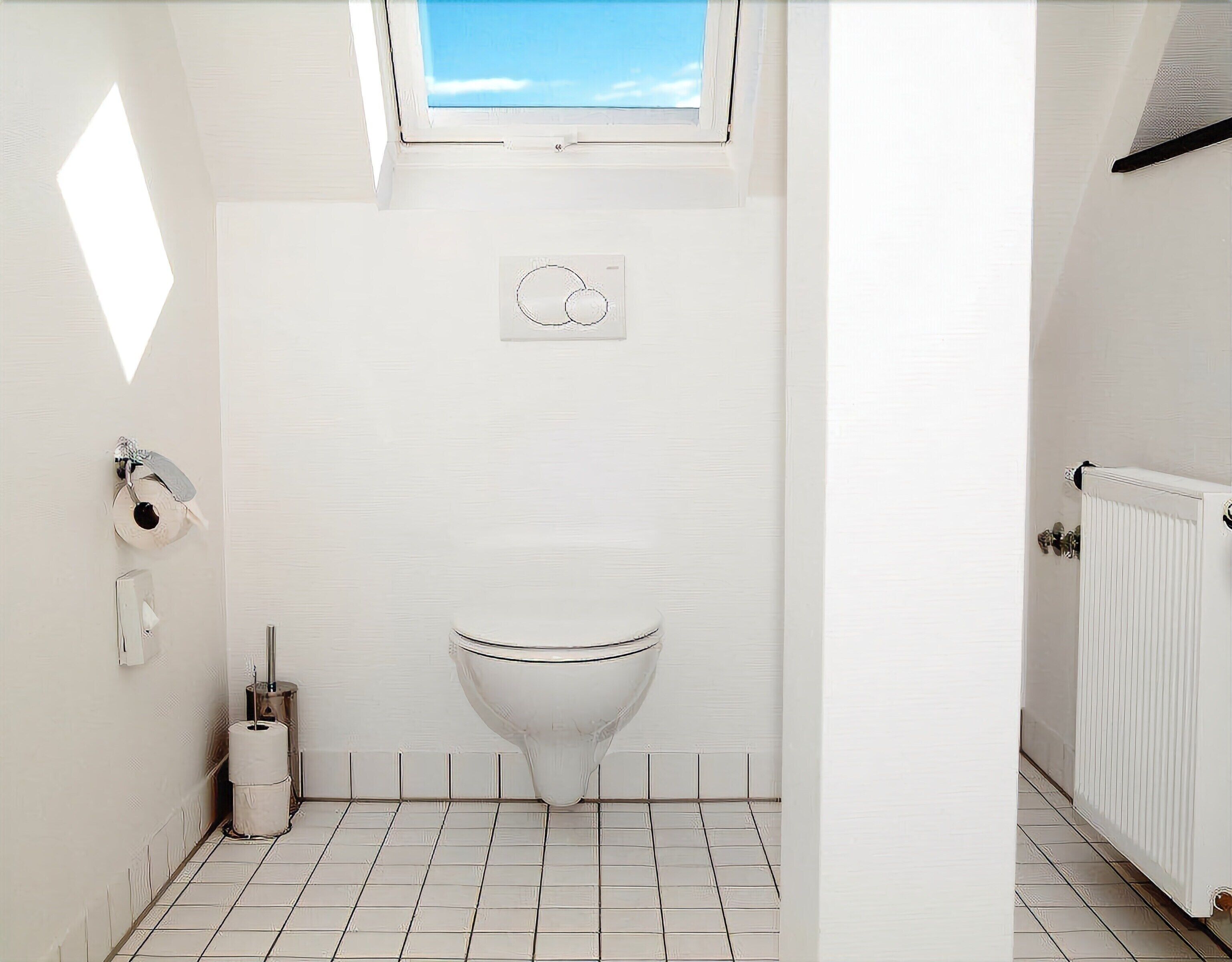 Ein kleines, weißes Badezimmer mit Toilette, Fenster, Heizkörper und Toilettenpapierhalter.