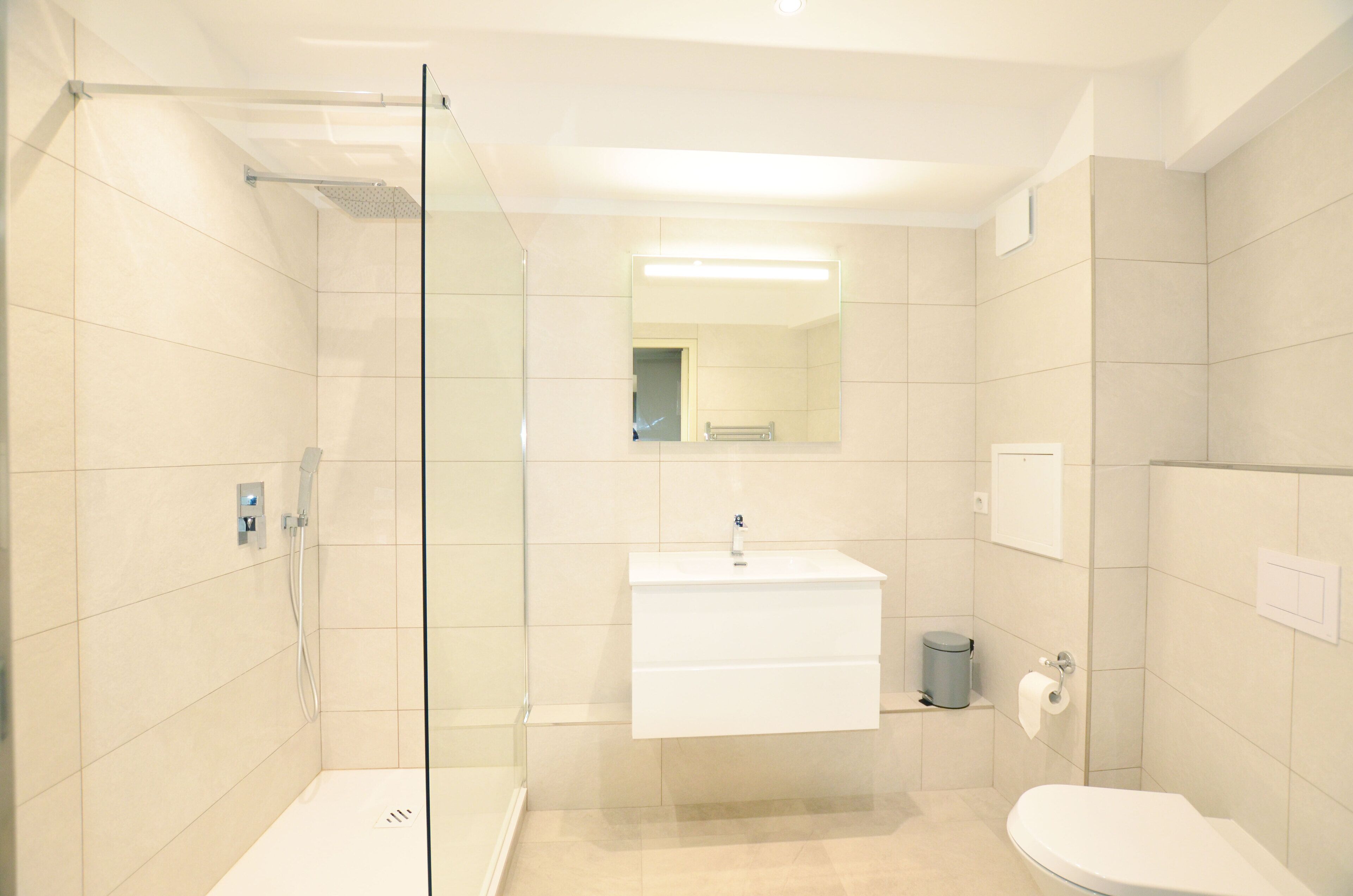 A modern bathroom with a glass shower enclosure, a white sink with a mirror above, and a toilet.